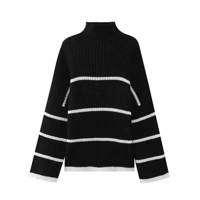 TAOP&ZA 2023 new casual striped lazy style high-neck long-sleeved knitted sweater autumn and winter loose knitted pullover