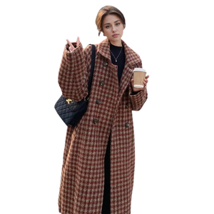 Manteau personnalisé rétro mode nouveau col péniche tourné à carreaux double laçage côtelé grandes poches manteau chaud pour femmes - Product Image 1