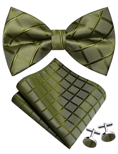 Ensemble Nœud <span class=keywords><strong>Papillon</strong></span> et Pochette de Costume Gusleson Vert Olive, en Soie à Carreaux, Pré-noué et Ajustable, pour Mariage, avec Boutons de Manchette pour Homme - Product Image 1