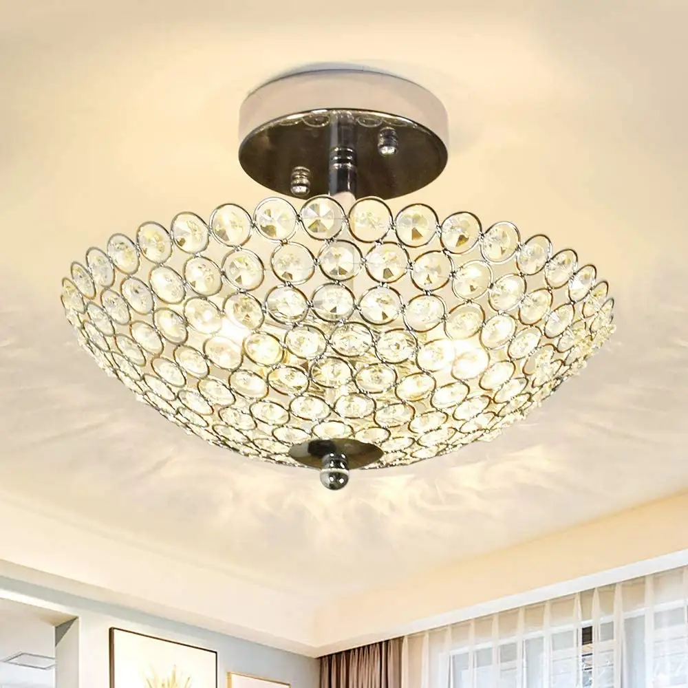 2-Light Elegant Crystal Semi Flush Mount Bedroom Ceiling Light Chandelier Bowl Shaped Glam Chrome Finish