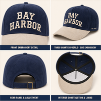 Cappellino da Baseball in Camoscio Bicolore Personalizzato con Logo Ricamato 3D a Rilievo, Visiera Curva, Blu Navy e Beige, per Campeggio - Vendita all'Ingrosso