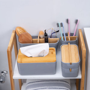 Ensemble de rideau de douche en fibre de bambou <span class=keywords><strong>pour</strong></span> salle de bain, 6 pièces, porte-savon en plastique, poubelle, shampoing, bouteille, accessoires de salle de bain - Product Image 2