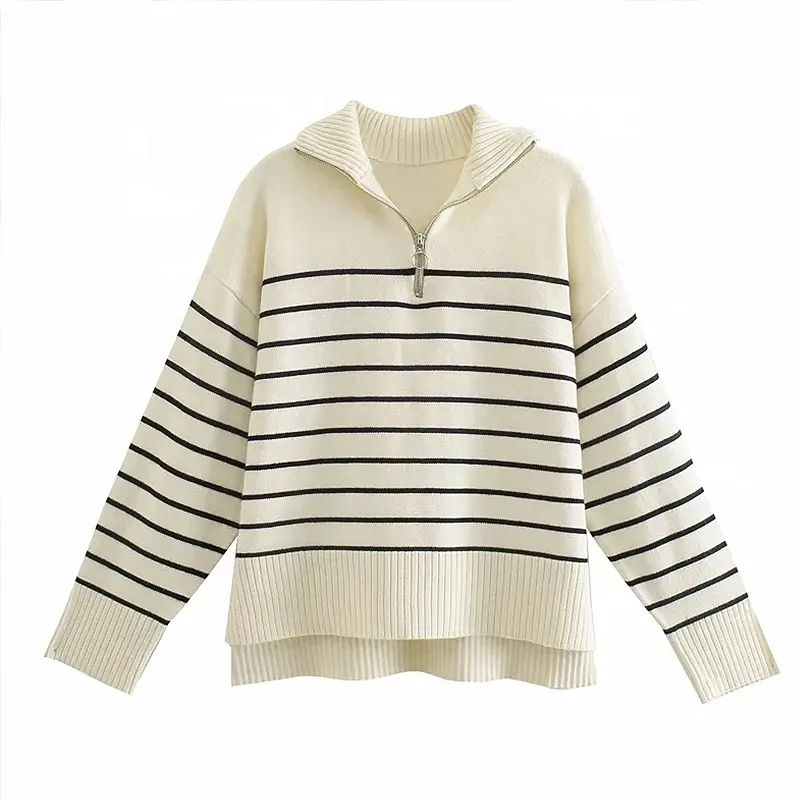 knitwear manufacturer custom white striped long sleeves knit jumpers woman sweater