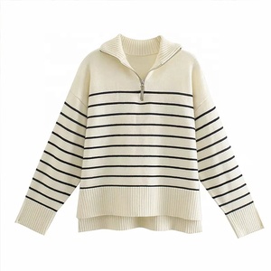 Maglione Pullover da <span class=keywords><strong>Donna</strong></span> Personalizzato con Chiusura a Cerniera, Maniche Lunghe, a Righe Bianche, in Poliestere/<span class=keywords><strong>Cotone</strong></span>, per l'Autunno - Product Image 1
