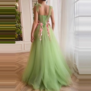 Floral Slit Green Halter Neck A Line Tulle Dress Natural Waist Bridesmaid Dress - Product Image 3
