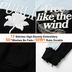 เสื้อฮู้ดดี้ผู้ชายแบบสั่งทำพิเศษระดับไฮเอนด์ ตกแต่งสีสันตัดกัน ปักลายแบบเรียบ น้ำหนัก 420GSM พิมพ์ลายพัฟฟ์ ทรงบ็อกซี่ ดีไซน์ดิสเทรส รับผลิตแบบ OEM - Product Image 2