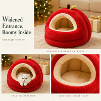 Lit pour animaux de compagnie en forme de pomme de Noël, maison-caverne en peluche pour chat et chien, doublure polaire chaude d'hiver, coussin épais, nid de Noël en forme de pomme