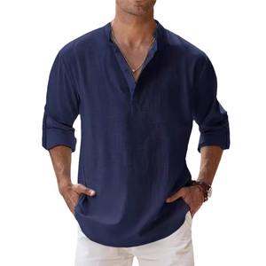 Camisa de Lino y Algodón para Hombre, Cuello en V, Cómoda, Manga Larga, Informal - Product Image 6