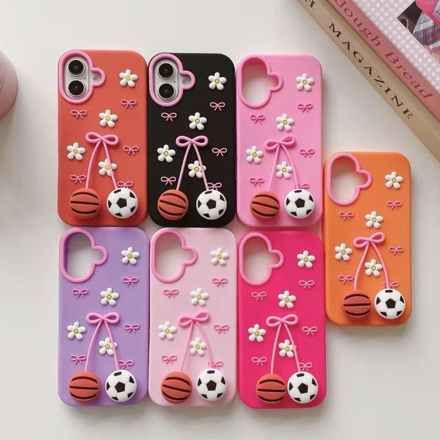 BAILI Factory Cute Cartoon 3D Bow Basketball Football Pendant Three-dimensional Silicone Doll Phone Cases for Iphone 16 Pro 14+