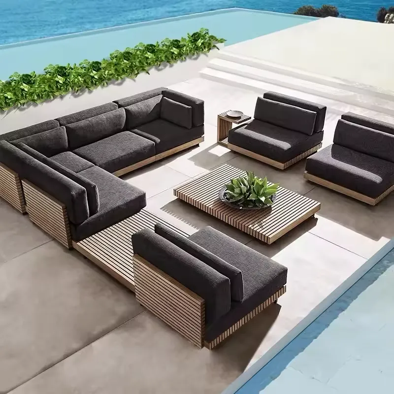 Aangepaste Outdoor Sofa Combinatie Moderne Teak Patio Tuin Banken Set Waterdichte Villa Hotel Meubels
