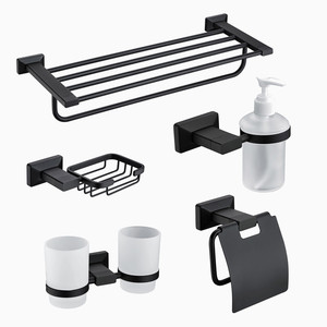 Set di Accessori per Bagno di Lusso in Acciaio, 5 Pezzi, con Portasciugamani <span class=keywords><strong>e</strong></span> Portarotolo, Finitura Nera - Product Image 1