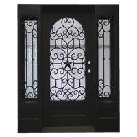 Puerta de Entrada de Hierro Forjado Estadounidense de Arco Superior con Ventanas Laterales Dobles y Panel Inferior, Diseño de Puerta de Hierro Forjado para el Hogar