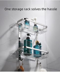Étagère de douche murale à 2 niveaux en acier inoxydable, finition chromée, rangement gain de place avec crochets - Product Image 5