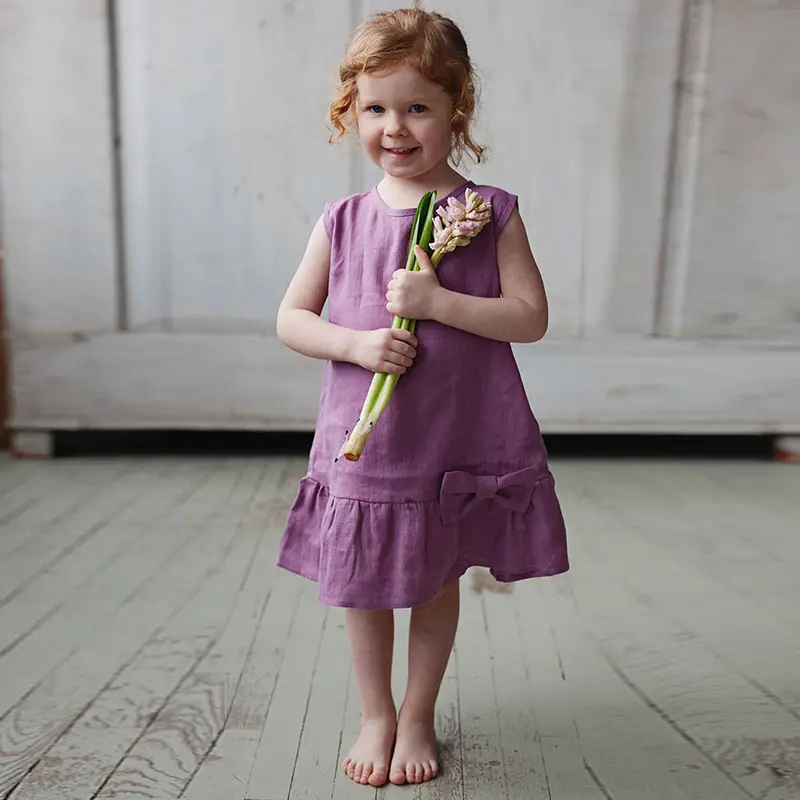 2022 Summer Cotton Linen Kids Girl Dress Sleeveless Ruffle Baby Girl A-line Frill Dress with Bow