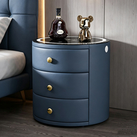 Table de chevet ronde intelligente avec lumière LED et chargeur sans fil, 3 tiroirs, cadre en bois massif, table de chevet en cuir, armoire de rangement pour chambre à coucher