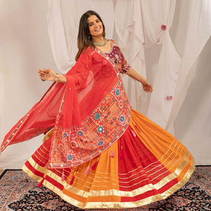 Traditional Indian/Pakistani Women's <b>Lehenga</b> Choli Set <b>Red</b> Orange Embroidered Floor-Length Wedding Wear Polyester Loose Fit - Product Image 1