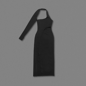 Abito da sera asimmetrico nero in maglia <span class=keywords><strong>a</strong></span> <span class=keywords><strong>sirena</strong></span> da donna <span class=keywords><strong>con</strong></span> cut-out e <span class=keywords><strong>spacco</strong></span> alto - Product Image 2