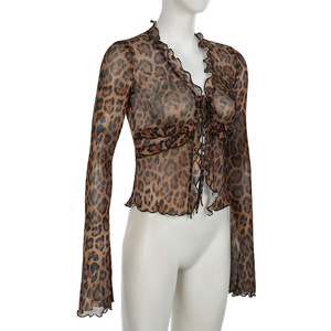 Leopar kadın T-shirt giysi gömlek ince bluz uzun kollu düzensiz kayış örgü T-shirt - Product Image 4