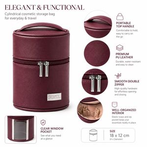 Factory Custom PU Leather Cylinder Cosmetic Bag Portable Travel Beauty Organizer Makeup <b>Storage</b> Case - Product Image 5