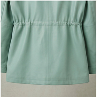 Veste en peau de mouton lisse vert menthe pour femme, col chemise, cordon de serrage à la taille, mi-longue, décontractée, manteau en cuir pour l'extérieur