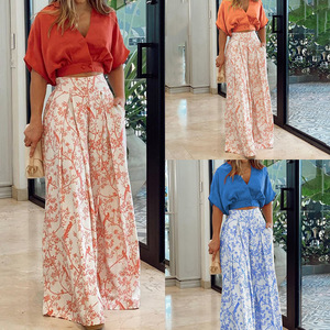 Ensemble décontracté pour femme, pantalon large imprimé à col en V, tailles S, M, L, XL, 2XL, 3XL, orange, rouge, bleu, noir, style été Europe-Amérique - Product Image 1