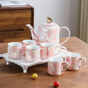 Ceramic cup set, souvenir teapot with <b>tea</b> <b>tray</b>, gold-edge coffee cup, home water cup and pot, new home gift set - Product Image 4