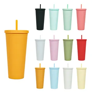Custom Tumbler Wholesale Bulk Reusable Double Wall 24oz Acrylic Plastic Matte Cups Juice Drink Water Bottle With Lid And Straw