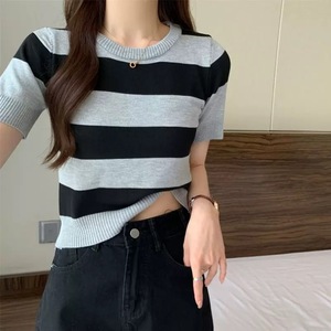 T-<span class=keywords><strong>shirt</strong></span> d'été rayé à manches courtes pour <span class=keywords><strong>femme</strong></span>, haut ajusté à carreaux colorés, pull tricoté à <span class=keywords><strong>col</strong></span> <span class=keywords><strong>rond</strong></span> style Hot Girl - Haut court polyvalent - Product Image 6