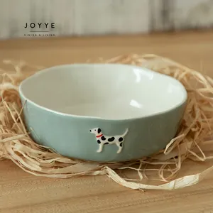 JOYYE In Stock Cat and Dog Embossed Pattern Ceramic Pet Bowl With Coffee Mug For Pet Bowl Set