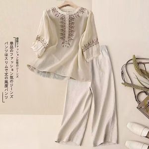 Women's Cotton <b>Linen</b> <b>Set</b> Embroidered Top Three Quarter Sleeve Wide Leg Pants Casual Breathable Spring Summer Style - Product Image 1