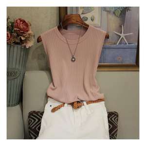 بلوزة نسائية عصرية بتصميم جديد لصيف، توب محبوك بياقة دائرية، بلوزة سادة بدون أكمام، توب كاجوال خفيف - Product Image 6