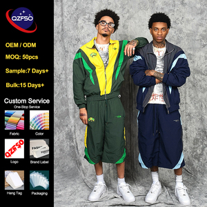 QZFSO Custom Streetwear Oversized Tracksuit Men Retro 90s Color Block Nylon Windbreaker <b>Jacket</b> and Baggy Shorts Two Piece Set - Product Image 1