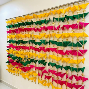Guirlandes suspendues triangulaires en dentelle Gotta dorée pour festivals de mariage indiens traditionnels, avec cordons et pompons pour décor de fond, livraison rapide - Product Image 1