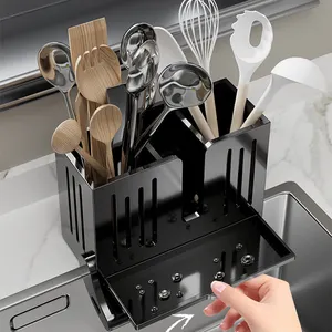 NISEVEN Hot Sale Wall Mount Utensil Drying Rack Self Adhesive Utensil Caddy With Drain Tray Hanging Kitchen Utensil Holder