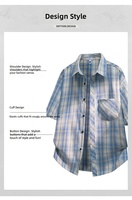 Chemise à carreaux à manches courtes 76,7 % polyester, col à revers, épaules tombantes, avec poche poitrine, pour usage quotidien et extérieur, style décontracté