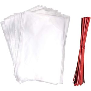 Bolsas transparentes de celofán OPP de 5 x 7 pulgadas con 100 ataduras rojas para regalos de boda, dulces y galletas. - Product Image 1