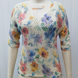 Suéter de Verano para Mujer OEM/ODM, Tejido, con Estampado Floral, Diseño Argyle, Manga 3/4, Cuello en U - Product Image 1