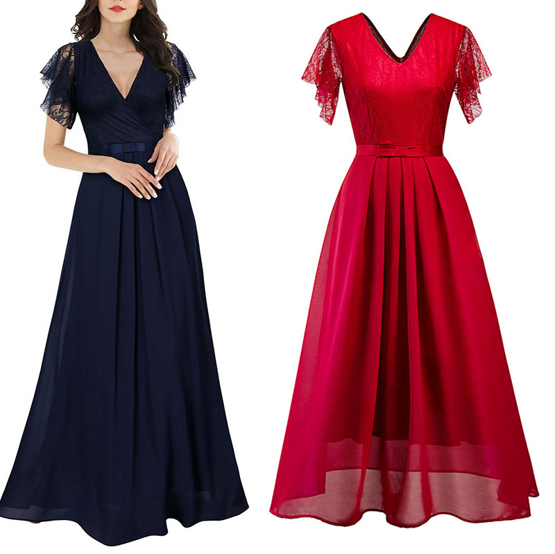Fashion Vintage V Neck Wine Red Royal Blue Vintage Bridesmaid Dresses Plus Size Pleated Elegant Lace Chiffon Party Wedding Dress