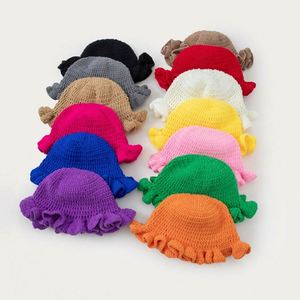 Autumn and Winter Solid Color Knitted Hollow Handmade Crocheted Wool Ruffled Rim Pullover Fisherman's Hat Crochet Knitted Hats - Product Image 1