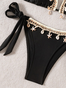 Women's Summer Solid Bikini Sets Backless Neck Low Waist 2-Piece Bandeau Swimwear Beading Decoration Beachwear XL - Product Image 5