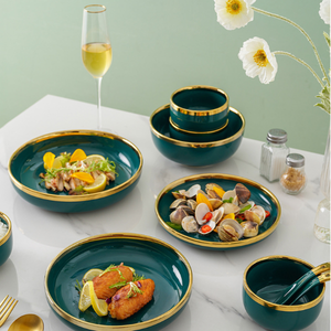 Coffret Cadeau <span class=keywords><strong>de</strong></span> Vaisselle en Céramique Vert Émeraude, Bordure Dorée Luxueuse, Réutilisable pour les Fêtes Familiales, les Réceptions et les Mariages - Product Image 2