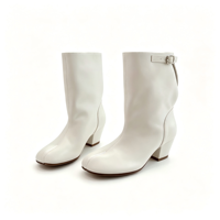 Sepatu Boots Kulit Sapi Putih Lembut Model Split Toe Wanita, Gesper Belakang, Ritsleting, Hak Sedang, Pendek, Elegan, Musim Gugur Musim Dingin, MOQ Rendah