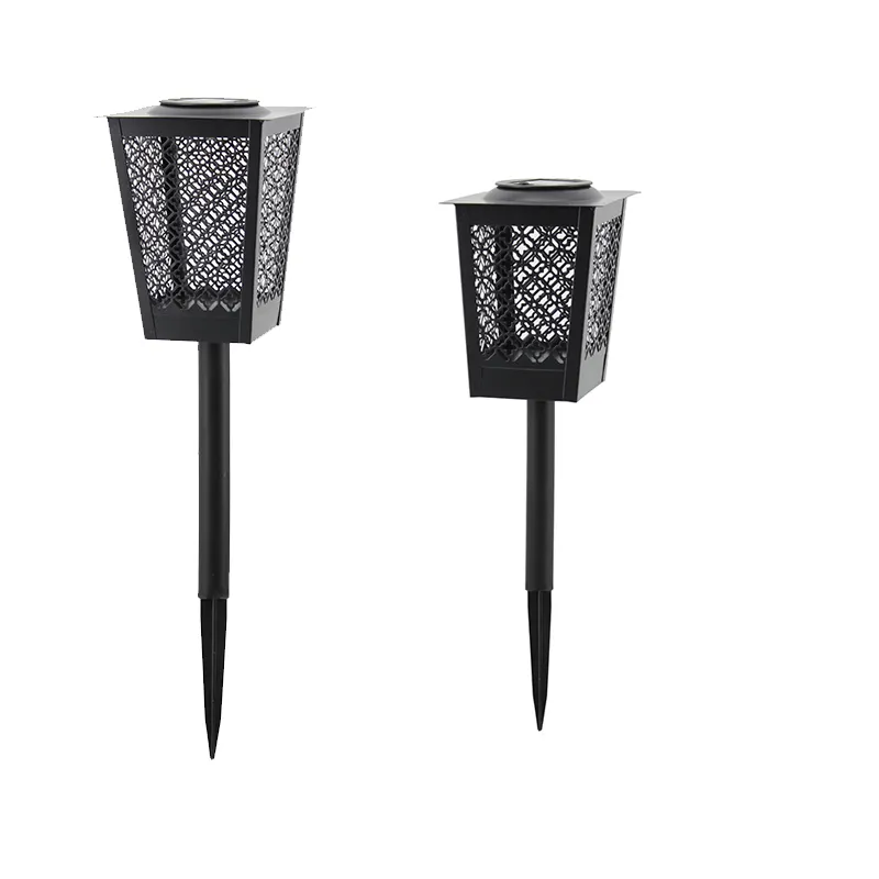 Metalen Vierkante Solar Stake Light Zwart Ontwerp Lace Hollow Out Patroon Solar Lantaarn Met Pin Led Light Voor Tuinpad