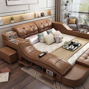 Juego de Cama de Cuero Moderno y Minimalista, Cama Inteligente de Doble Función, Portátil con Almacenamiento, Estructura de Madera AN99, Cuero Genuino U - Product Image 2