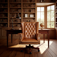 Chaise de salle à manger exécutive pivotante réglable en cuir de luxe, dossier haut, marron vintage, capitonnée, avec base en bois, pour la maison, l'atelier, l'hôtel