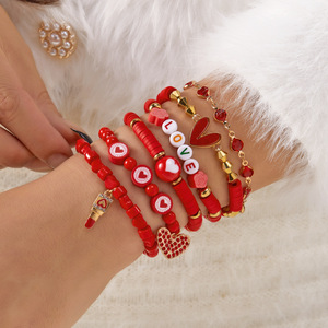 Juego <span class=keywords><strong>de</strong></span> Pulseras <span class=keywords><strong>de</strong></span> Corazón para el Día <span class=keywords><strong>de</strong></span> San Valentín, Más Vendidas al por Mayor, Cuentas <span class=keywords><strong>de</strong></span> Arcilla Suave, Corazón con Cuentas, Serie <span class=keywords><strong>de</strong></span> Color Rojo - Product Image 2