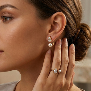 Stainless Steel 18K Gold Plated Open <b>Ring</b> Inlaid Teardrop Zircon And Pearl Trendy Elegant Statement <b>Finger</b> <b>Ring</b> For Women - Product Image 3