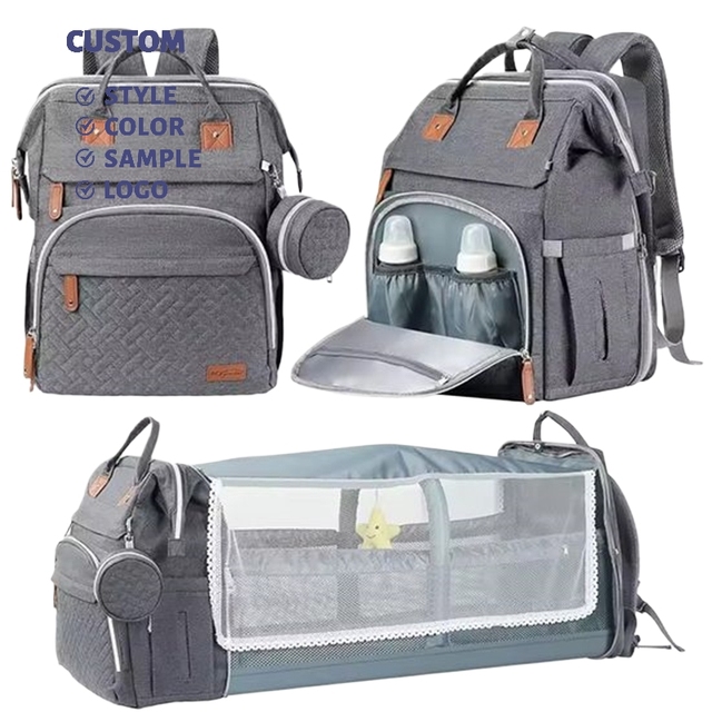 USB Port Multi-Functional Baby Nappy Backpack Mommy Changing Diaper Bag With Crib Bed Polyester Lining