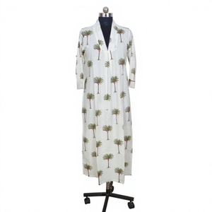 Robe midi moderne en coton pur, écologique, respirante, à manches 3/4, coupe trapèze, imprimé palmiers indiens, tenue de plage bohème, été - Product Image 1