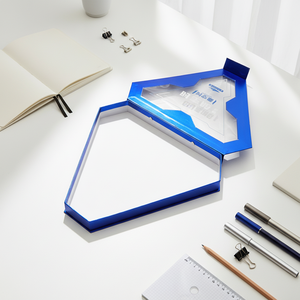 Custom Blue Triangle Rigid Gift Box with Clear Window Premium Packaging for & Collectible Tech Products
